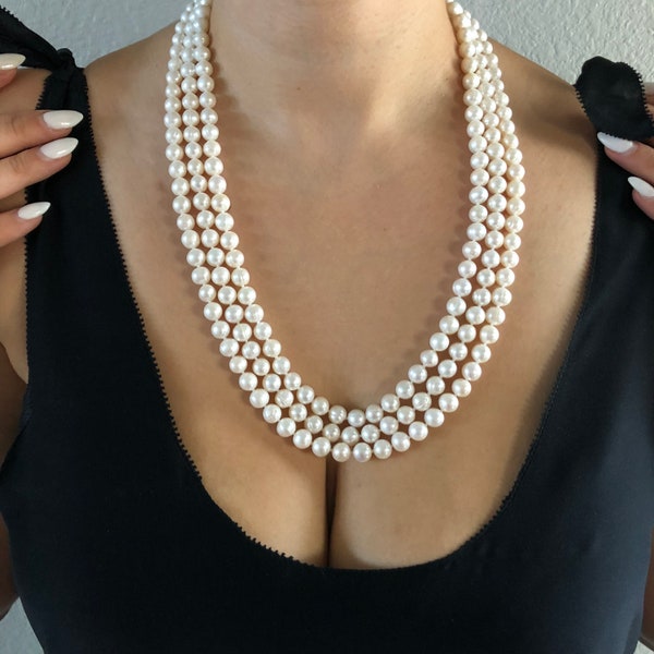 Cultured Genuine Freshwater pearl triple strand Jackie o necklace three Strand White Pearl Necklace natural