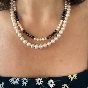 Double Strand Black & White Pearl Necklace – 17” and 18” Freshwater Culture Pearls with Stainless Steel Clasp