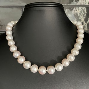 White Cultured Pearl Necklace 12mm - 18 inch Single Strand Hand Knotted Large Pearl Necklace Sterling Silver Toggle Clasp