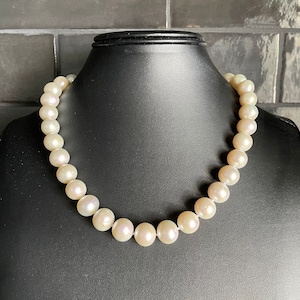 12-13mm 18 inch White Cultured Freshwater Pearl Necklace - Single Strand Hand Knotted Large Pearl Necklace with Sterling Silver Clasp
