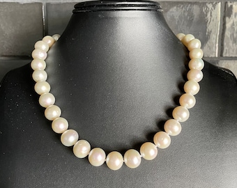 Collana di perle d'acqua dolce coltivate bianche da 12-13 mm e 18 pollici - Collana di perle grandi annodate a mano a filo singolo con chiusura in argento sterling