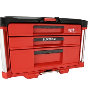May include: Red and black Milwaukee Packout rolling tool chest with three drawers. The top drawer has the word "ELECTRICAL" printed on it. The image also shows compatible drawer options. The case is not included.