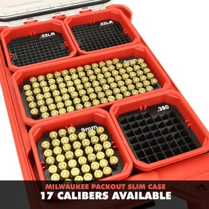 May include: Red Milwaukee Packout Slim Case with multiple compartments filled with ammunition. The case is labeled with caliber sizes, including .22LR, 9mm, and .380. The text "MILWAUKEE PACKOUT SLIM CASE" and "17 CALIBERS AVAILABLE" is visible.