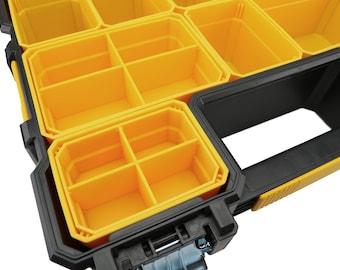 May include: Close-up of a yellow and black tool organizer with multiple compartments. The organizer has a removable tray with smaller compartments.
