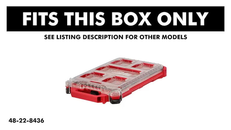 Puede incluir: Una caja organizadora de pl&aacute;stico roja y transparente con m&uacute;ltiples compartimentos. La caja tiene una tapa transparente y cierres negros. El texto en la parte superior dice "FITS THIS BOX ONLY" y "SEE LISTING DESCRIPTION FOR OTHER MODELS". El n&uacute;mero "48-22-8436" est&aacute; en la parte inferior.