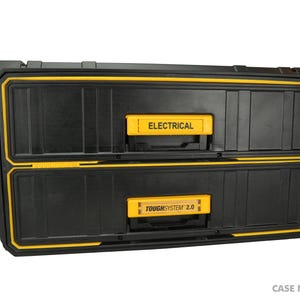 May include: Black and yellow two-drawer tool storage box. The top drawer has a yellow label that reads "ELECTRICAL". The bottom drawer has a yellow label that reads "TOUGH SYSTEM 2.0". The box has a black body with yellow trim.