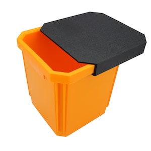 May include: Orange plastic storage bin with a black lid. The bin has a rectangular shape and is open.