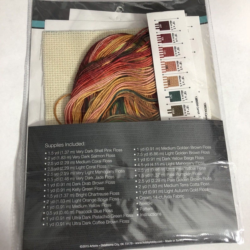 Instructions Artiste Mini Counted Cross Stitch Kit Vegetable Carrot 5x7 Kit Includes: Floss Pattern Needle cream 14-ct Aida Fabric
