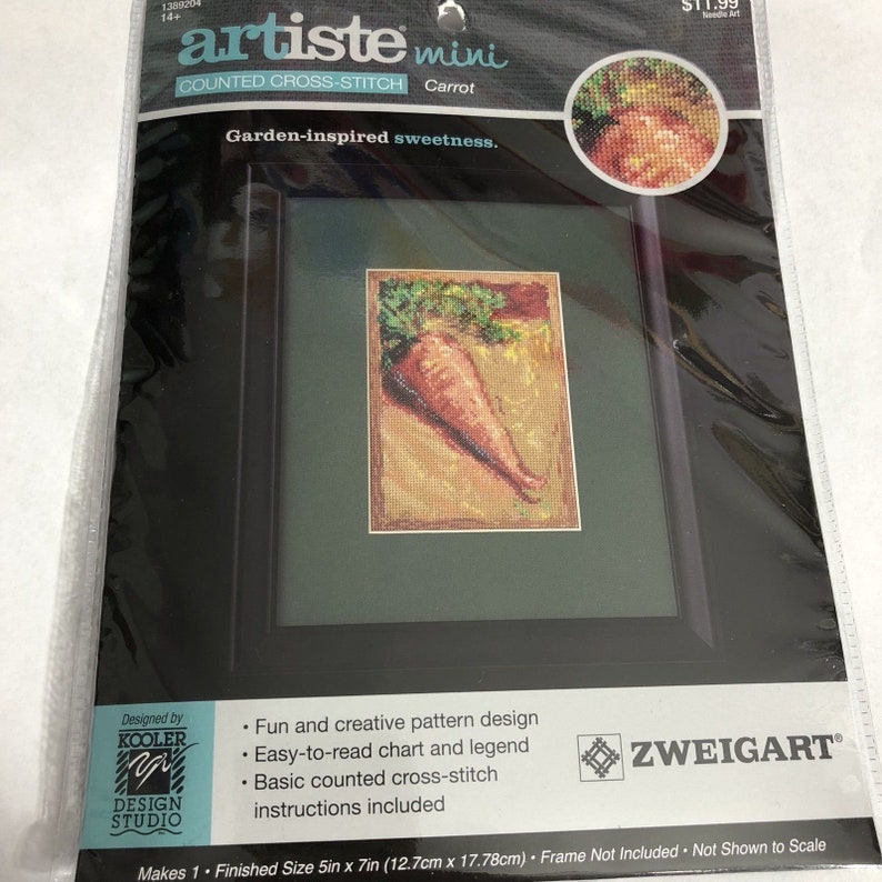 Instructions Artiste Mini Counted Cross Stitch Kit Vegetable Carrot  5x7   Kit Includes:  Floss Pattern Needle cream 14-ct Aida Fabric