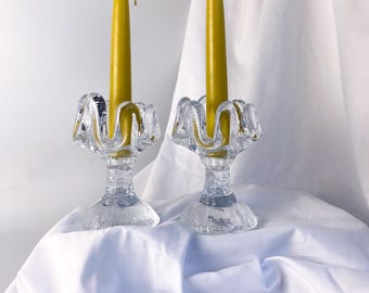 Kosta Boda Sunflower Candle Holders, Göran Wärff, Swedish Glass Pair