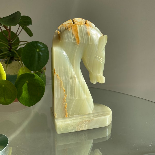 Large Light Green and Tan Onyx Marble Horse Head Bookend Figurine