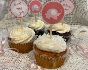 Baby Shower Cupcake Toppers - Pink and Grey Elephants - PDF file - Digital Download