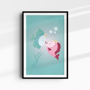 Colorful retro fish art print inspired by midcentury chalkware. Teal, turquoise, and pink palette with whimsical design.