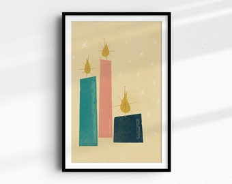 Vintage Christmas Candles Art Print - Retro Holiday Greeting Card Style