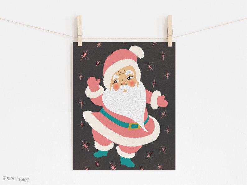 Kitschy Retro Pink and White Santa Art image 2