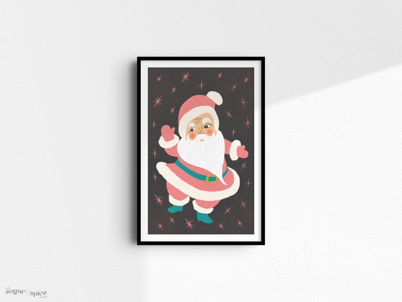 Kitschy Retro Pink and White Santa Art image 1