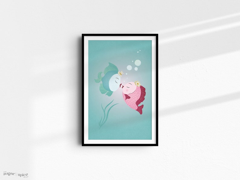 Colorful retro fish art print inspired by midcentury chalkware. Teal, turquoise, and pink palette with whimsical design.