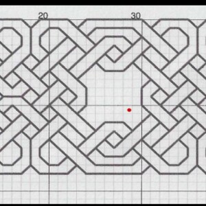 May include: A gray-lined pattern on a white grid background featuring an intricate, repeating Celtic knotwork design. The image includes horizontal numbering at 20, 30, and 40, with a small red dot positioned within the central open square area.