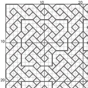 Könnte beinhalten: Ein graustufiges geometrisches Muster aus miteinander verbundenen Linien und Formen, das ein komplexes, tesselliertes Design erzeugt. Das Muster ist vor einem Rasterhintergrund angeordnet, mit nummerierten Achsen entlang der Kanten, die ein Koordinatensystem angeben. Das Design zeigt Quadrate und Rauten.