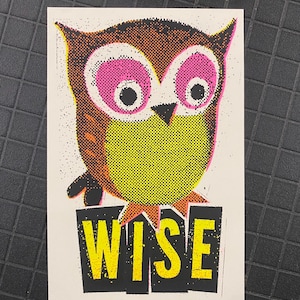 May include: A vibrant print of an owl with large pink eyes and a yellow beak. The word "WISE" is printed in yellow block letters on a black background below the owl. The owl's body is brown and yellow.