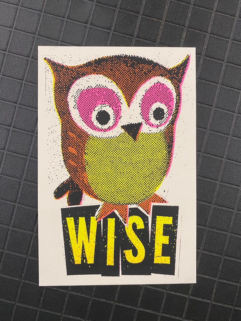 May include: A vibrant print of an owl with large pink eyes and a yellow beak. The word "WISE" is printed in yellow block letters on a black background below the owl. The owl's body is brown and yellow.