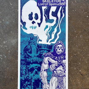 May include: A rectangular art print featuring a blue and white illustration of a hooded skeletal figure standing before a stone structure with a skull motif. The text SKELETOR Lord of Destruction is printed in a purple box at the top right corner.