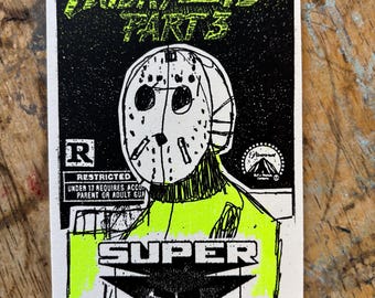Könnte beinhalten: Schwarz-weiße Illustration einer Hockeymaske mit dem Text "FRIDAY THE 13TH PART 3" in Neongrün. Das Bild enthält auch den Text "SUPER 3D" und die Signatur des Künstlers "Scout".