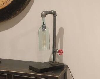 Industrial Steam Punk Lamp with Wine Bottle Shade