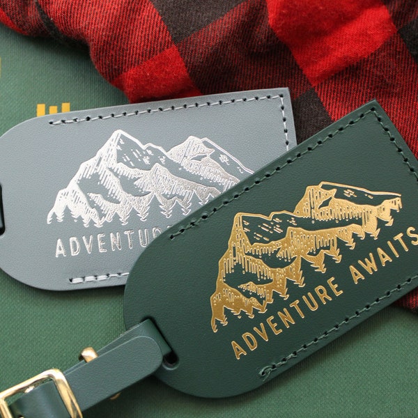 Rustic Wedding Favors Luggage Tags - Adventure Awaits Mountains | Bonded Leather Bridesmaid Gift Bridal Shower Favors | Wanderlust Bag Tags