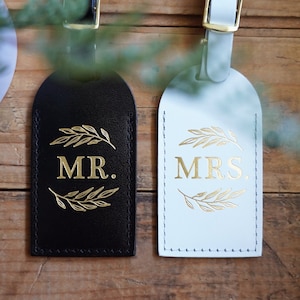 Wedding Gift His and Hers Luggage Tags Mr and Mrs Couples Gift - Unique Just Married Honeymoon Travel Gifts for Couple, Bonded Leather