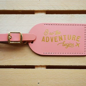 Luggage Tags Wedding Favors Coral - And So the Adventure Begins, Bonded leather Bridesmaid Gift or Bachelorette Party, Wedding Favours
