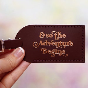 Retro Luggage Tags Wedding Favors - & So the Adventure Begins, Bonded leather Bridesmaid Gift or Bachelorette Party, Wedding Favours
