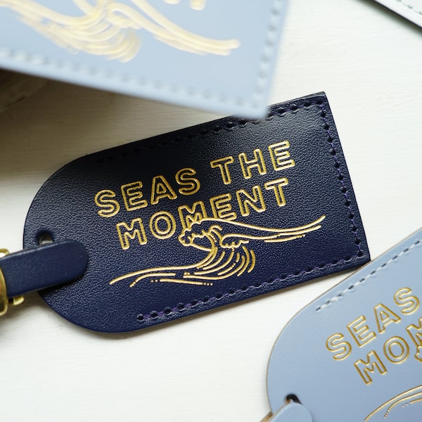 Seas the Moment Nautical Luggage Tags Wedding Favors - Bridesmaid Gift or Bridal Shower - navy naval theme destination save the date leather