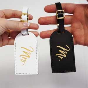 Wedding Gift Luggage Tags Mr and Mrs Couples Gift Unique Just Married Honeymoon Travel Gifts for Couple, Bonded Leather Travel Gift image 1