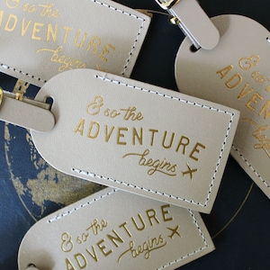 Luggage Tags Wedding Favors And So the Adventure Begins, Bonded leather Bridesmaid Gift or Bachelorette Party, Wedding Favours for guests image 1