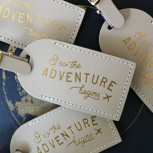 Luggage Tags Wedding Favors - And So the Adventure Begins, Bonded leather Bridesmaid Gift or Bachelorette Party, Wedding Favours for guests