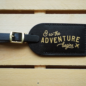 Luggage Tags Wedding Favors Black - And So the Adventure Begins, Bonded leather Bridesmaid Gift or Bachelorette Party, Wedding Favours