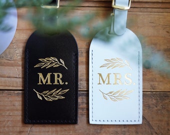 Wedding Gift His and Hers Luggage Tags Mr and Mrs Couples Gift - Unique Just Married Honeymoon Travel Gifts for Couple, Bonded Leather