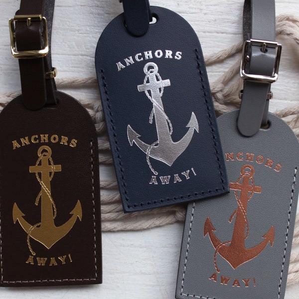 Nautical Luggage Tags Wedding Favors - Bridesmaid Gift or Bridal Shower - navy and silver anchor cruise destination save the date - leather