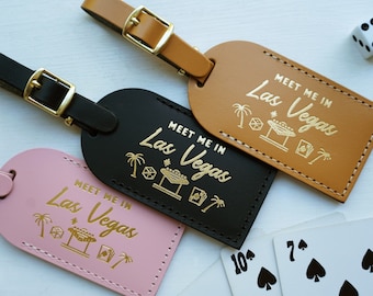 Meet Me in Las Vegas Bachelorette Party Luggage Tags Wedding Favors or Bridesmaid Gift - Casino Dice Bridal Shower or Save The Date leather