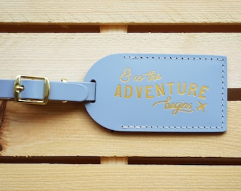 Luggage Tags Wedding Favors Dusty Blue - And So the Adventure Begins, Bonded leather Bridesmaid Gift or Bachelorette Party, Wedding Favours