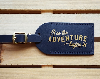 Luggage Tags Wedding Favors Navy - And So the Adventure Begins, Bonded leather Bridesmaid Gift or Bachelorette Party, Wedding Favours