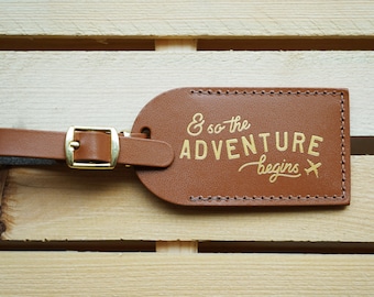 Luggage Tags Wedding Favors Tan - And So the Adventure Begins, Bonded leather Bridesmaid Gift or Bachelorette Party, Tan Wedding Favours