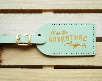 Luggage Tags Wedding Favors Mint - And So the Adventure Begins, Bonded leather Bridesmaid Gift or Bachelorette Party, Tropical Favours