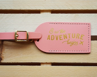 Luggage Tags Wedding Favors Coral - And So the Adventure Begins, Bonded leather Bridesmaid Gift or Bachelorette Party, Wedding Favours