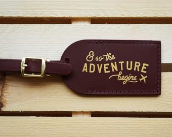 Luggage Tags Wedding Favors Burgundy - And So the Adventure Begins, Bonded leather Bridesmaid Gift or Bachelorette Party, Wedding Favours