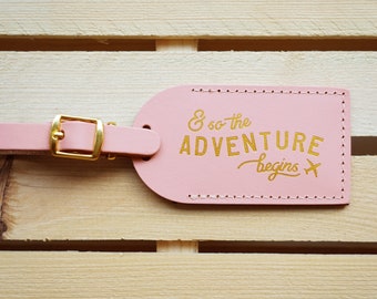 Luggage Tags Wedding Favors Pink - And So the Adventure Begins, Bonded leather Bridesmaid Gift or Bachelorette Party, Tropical Favour