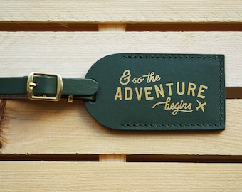 Luggage Tags Wedding Favors Hunter Green - And So the Adventure Begins, Bonded leather Bridesmaid Gift or Bachelorette Party, Wedding Favour