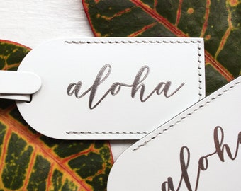 Hawaii Aloha Luggage Tags Wedding Favors - Unique Bridesmaid Gift Bachelorette Party Bridal Shower - Bonded Leather Gift for Her - Tropical