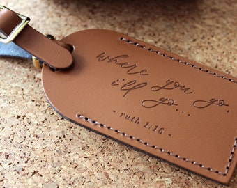 Christian Scripture Luggage Tags - Spiritual Gift Wedding Favors, Bridesmaid, or Bridal Party Travel Gift - Bonded Leather - Bible Quotes